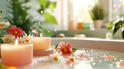 Relaxing spa experience with ai generated floral elements in a serene bathroom setting