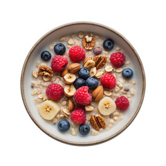Oatmeal Bowl with Raspberries, Blueberries, Banana, Almonds, Pecans, and Yogurt isolated transparent background cutout