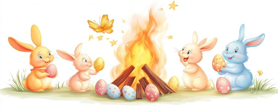 Adorable rabbits gathered around campfire with decorated Easter eggs in festive spring setting