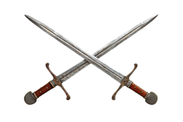 Crossed swords gleaming under soft lighting, showcasing intricate craftsmanship and historical elegance isolated on transparent background
