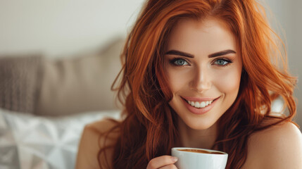 Happy ginger woman enjoys a warm cup of coffee on her cozy sofa, savoring the moment with a bright smile.