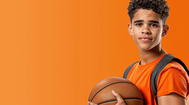 A young male basketball player poses confidently with a ball, set against a vibrant red and orange backdrop.