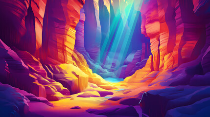Fototapeta premium A vibrant canyon with light beams illuminating the colorful rock formations. Vibrant Canyon. Illustration