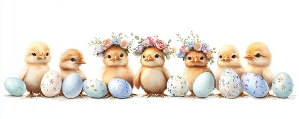 Row of baby chicks with floral crowns standing beside pastel-colored Easter eggs in spring scene