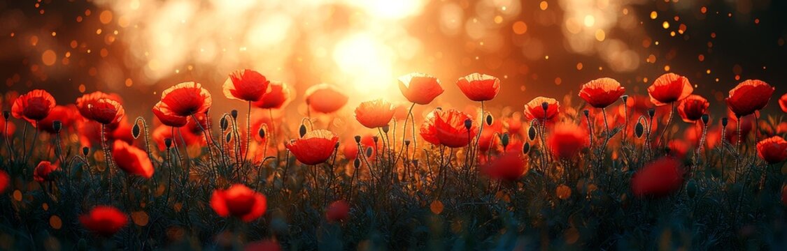 bandeau horizontal vert et fleur rouge - nature et coquelicot