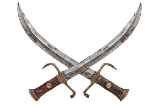Intricate curved swords crossed in an artistic display evoking a sense of history and craftsmanship under soft lighting isolated on transparent background