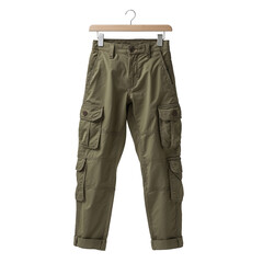 Cargo Pants Hanging on Hanger, Olive Green Color, Casual Wear isolated transparent background cutout