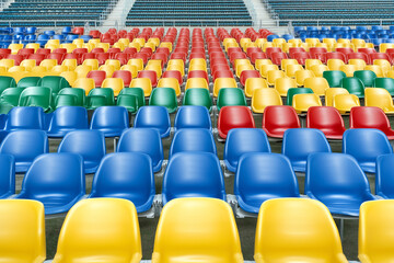 Naklejka premium Colorful Plastic Seats in Rows at a Stadium Arena with Brightly Colored Seating Arrangement
