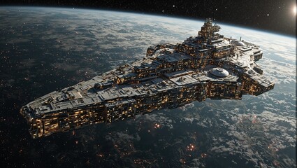 Naklejka premium Massive spaceship orbiting gas giant with detailed surface artificial gravity domes and glowing habitation areas