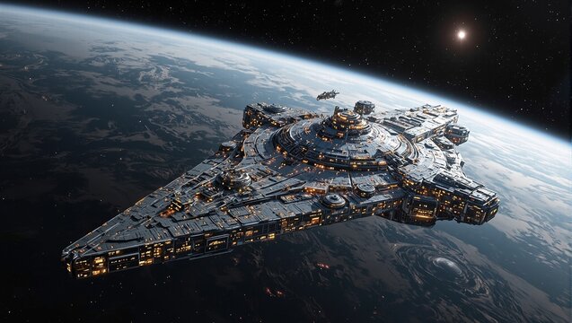 Massive spaceship orbiting gas giant with detailed surface artificial gravity domes and glowing habitation areas