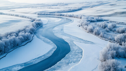 Fototapeta premium 凍った川が蛇行する雪景色を空撮で描いた冬の絶景