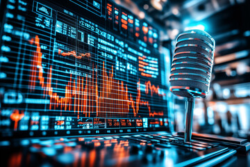 Vintage Microphone on Digital Background with Waveform and Broadcasting Elements in Pastel Colors