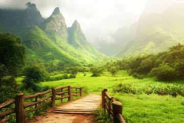 Majestic Sunrise View of a Tranquil Footbridge Leading to a Serene Beach in a Lush Landscape