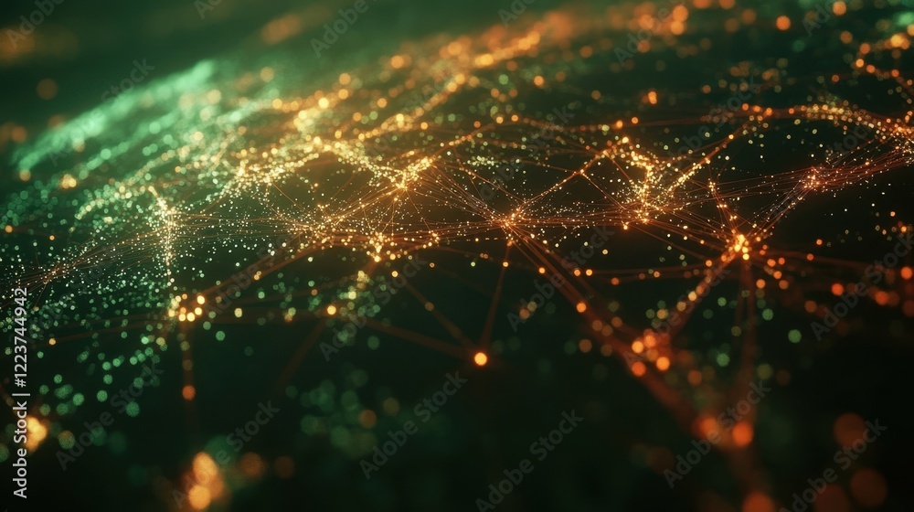 Poster connecting points of light in a complex network, creating an abstract design that evokes futuristic 