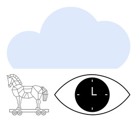 Geometric Trojan horse on wheels, cloud, and eye with clock inside. Ideal for cybersecurity, cloud computing, time management, monitoring, surveillance, innovation abstract line flat metaphor
