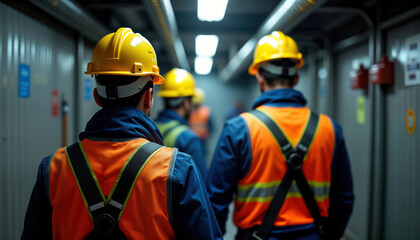 Obraz premium Industrial workers wearing safety gear walking in confined space. Wear hard hats, high-visibility orange vests with safety harnesses. Workers follow confined space entry procedures. Space corridor,