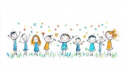 Fototapeta premium Happy children celebrating joy together with colorful doodles in a vibrant and cheerful setting