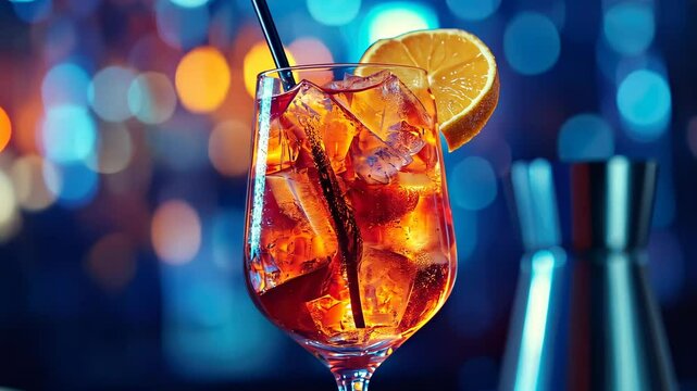 Vibrant aperol spritz cocktail with lemon slice in a stylish bar setting for travel agency advertising concept