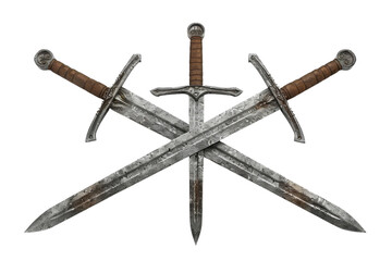 Three intricately designed swords arranged in an artistic display against a clean, white backdrop showcasing their unique craftsmanship and history isolated on transparent background