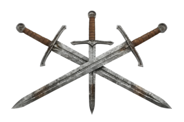 Three intricately designed swords arranged in an artistic display against a clean, white backdrop showcasing their unique craftsmanship and history isolated on transparent background