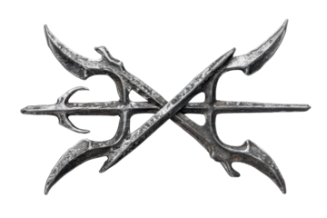 Intricately designed metallic weapons crossed in an artistic arrangement on a clean white background isolated on transparent background