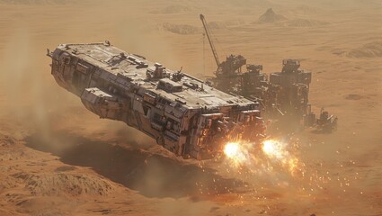 Futuristic spaceship approaching mining colony on barren planet
