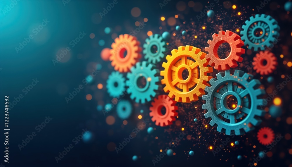 Poster Colorful gears meshing together on abstract digital backdrop. Dynamic, interconnected tech gears suggest business process automation, tech efficiency. Concept photo conveys innovation, integration.