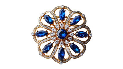 Golden brooch with blue gemstones and rhinestones isolated transparent background cutout