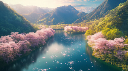 山間部の桜と渓流を俯瞰で捉えた春の絶景