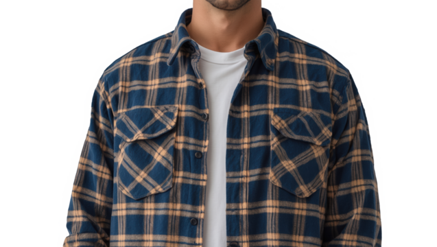 Casual man wearing blue and beige plaid flannel shirt isolated transparent background cutout