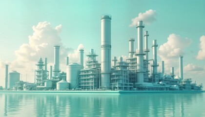 Obraz premium Modern energy plant by sea. Huge white industrial complex by turquoise water. Advanced tech, eco-friendly power production. Innovative business, industry future. Beautiful image for business clients
