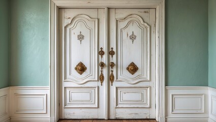 Charming vintage white wooden door in retro apartment