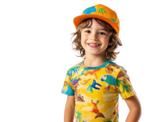 Smiling Boy in Tropical Summer Outfit and Cap on Transparent Background.Cheerful boy wearing a vibrant tropical-themed shirt and orange cap, symbolizing summer fun and vacation vibes.