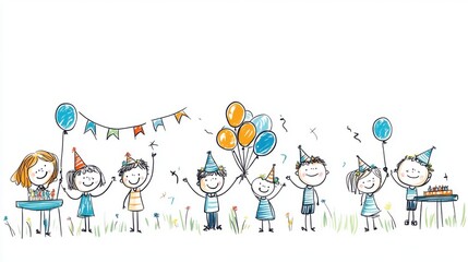 Cheerful Cartoon Characters Celebrating a Birthday Party with Balloons, Cake, and Colorful Decorations