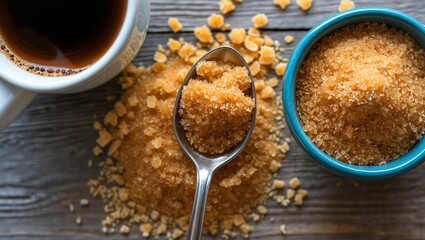 Aerial perspective of sugar spoon beside coffee cup