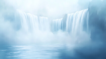 Misty river valley with waterfalls, soft focus on the falls, waterfall scene, natural scenery. Waterfall Valley. Illustration