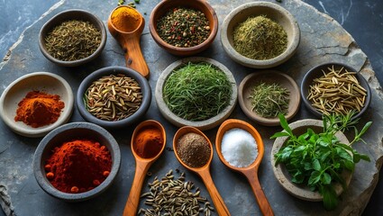 A colorful array of fresh herbs and spices