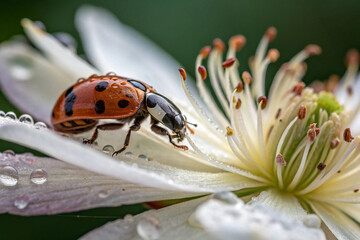 Fototapeta premium Ladybug on dew-covered white flower.