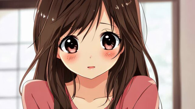 Adorable manga girl with big eyes and a cheerful smile, dressed in vibrant clothes, capturing the essence of cuteness.
