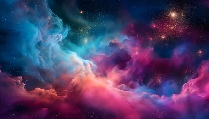 Fototapeta premium Ethereal nebula with vibrant clouds of gas in shades of magenta, teal, and gold. Abstract cosmic background