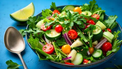Vibrant fresh vegetable salad on blue background