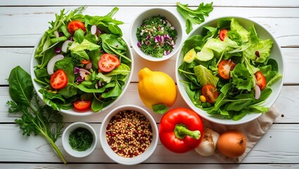 Vibrant fresh salad ingredients on rustic wooden table