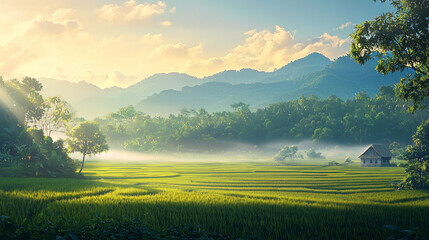 Obraz premium Serene rural landscape at sunrise with lush green rice fields, distant mountains, and a tranquil house