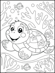 Illustration of a cute baby turtle cartoon character. Black and white Printable underwater coloring page for kids.
