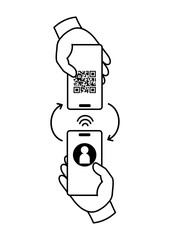 連絡先交換をしている様子の線画イラスト