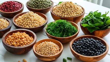 Fototapeta premium Vibrant assorted legumes in rustic wooden bowls