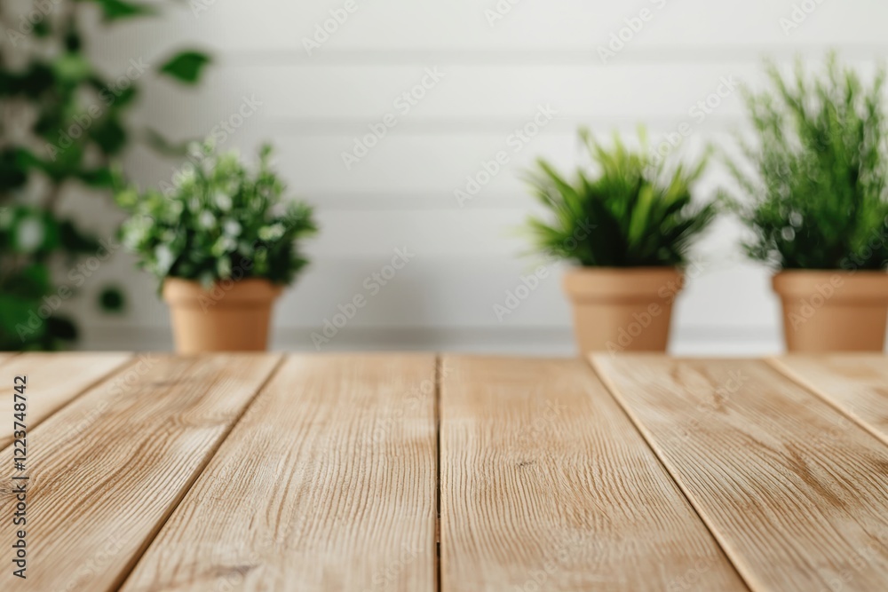 Poster empty wooden table with blurred plants in background
