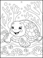 Illustration of a cute baby turtle cartoon character. Black and white Printable underwater coloring page for kids.
