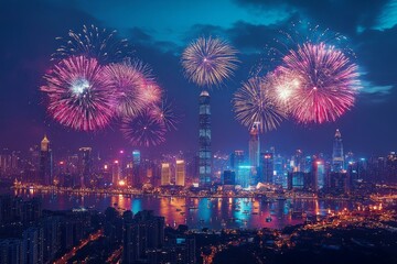 Fireworks illuminate Shenzhen skyline on New Year's Eve celebration, vibrant cityscape and harbor reflections