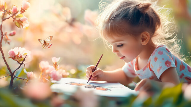 Child drawing a butterfly on paper in a spring garden surrounded by colorful blossoms in soft morning light